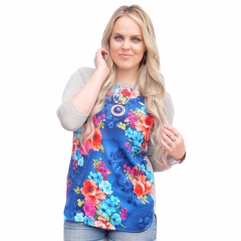 Fancyqube New Hot T shirt women Autumn Slim Long Sleeve Striped T shirt Printing Flower Stitching Blue - intl