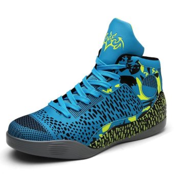 Men and Women's Couple Blue Color Block Graffiti Plus Size High Top Sneakers Damping Basketball Shoes - intl