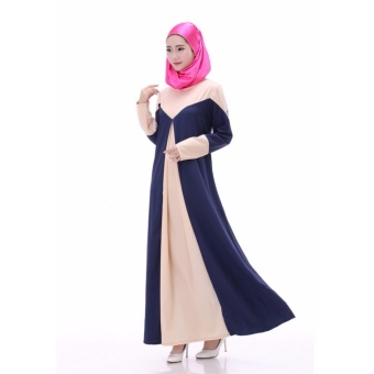 COCOEPPS Fashion Women Muslim Wear Dresses Baju Kurung Arab Jilbab Abaya Islamic Ethnic Color Splicing Chiffon Long Sleeve Maxi Dress Navy - intl