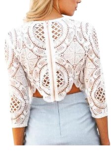 Yazilind Sexy Long Sleeve Hollow Lace Crochet Bikini Shirt (White) - intl