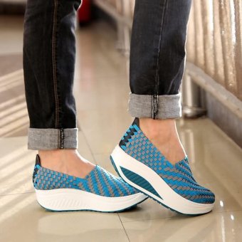 Women's Shoes Hollow Ventilation manual Weave shoes Increase Muffin Yuri Huang shoes,Blue - intl