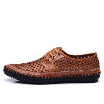 Men's Casual Shoes Leather Mesh Lace Up Summer Slip On Flat Brown