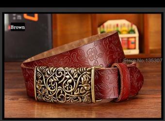 High Quality Cow Genuine leather belt woman Vintage floral metal buckle Wide belts for women Top quality strap for female jeans 90cm(Brown) - intl