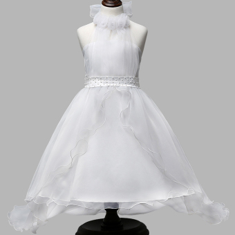Summer Girls Dress Long Tail Evening Wear Children Elegant Clothes Flower Wedding Dresses - White