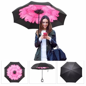 Payung Terbalik Kazbrella Gagang C - Pink Flower Tombol Merah / Reverse Umbrella / Smart Reverse Umbrella / Payung Unik Double Layer UV Protection Anti Basah