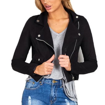 Fashion Leather Suede Bomber Jacket Women Turn Down Collar Spring Autumn Long Sleeve Outwear 2016 Women Basic Coats Zipper Up (Black) - Intl