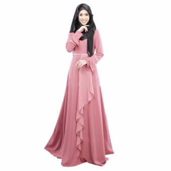 COCOEPPS Fashion Women Muslim Wear Dresses Baju Kurung Arab Jilbab Abaya Islamic Ethnic Color Long Sleeve Fishtale Maxi Dress Pink - intl