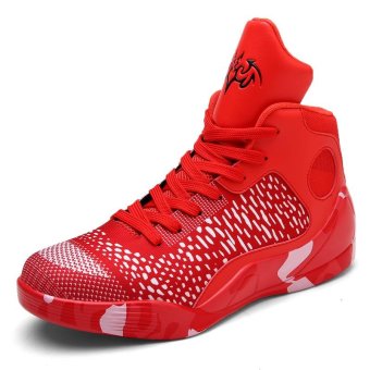 Men and Women's Couple Red Color Block Graffiti Plus Size High Top Sneakers Damping Basketball Shoes - intl