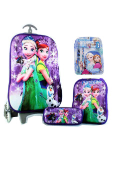 BGC Disney Frozen Fever Elsa Purple Snow Anna Koper Set Troley T Samurai + Lunch Box + Kotak Pensil + Alat Tulis 3D Hard Cover Tas Anak Sekolah