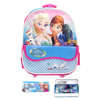 BGC Disney Frozen Fever Troley T Elsa Anna Kantung Depan Tas Anak Sekolah TK + Kotak Pensil + Alat Tulis - Biru-Pink