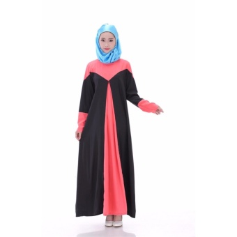 COCOEPPS Fashion Women Muslim Wear Dresses Baju Kurung Arab Jilbab Abaya Islamic Ethnic Color Splicing Chiffon Long Sleeve Maxi Dress Black - intl