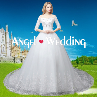 Luxury Royal Bateau Wedding Dresses Beading Bow Lace-Up Long Sleeve Sweep Train Princess Bridal Gown YL-07 - Intl