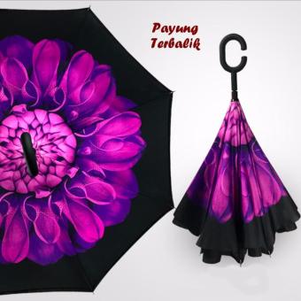 Payung Terbalik Kazbrella Gagang C - Purple Flower Tombol Merah / Reverse Umbrella / Smart Reverse Umbrella / Payung Unik Double Layer UV Protection Anti Basah