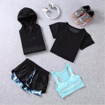 Ladies's Sportswear Running Suit Four-pieces Women Sports Yoga Fast Dry Clothes Include Mesh Jackets，Mesh T-shirts，Bras，Shorts. - intl