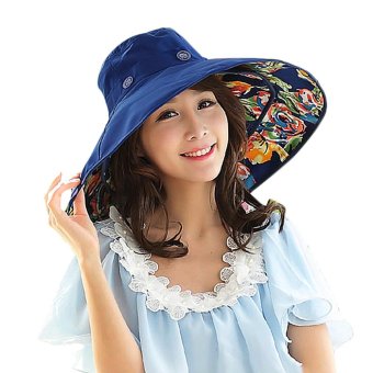 Ladies Elegant Summer UV Protection Cotton Packable Shapeable Beach Sun Hats with Detachable Double Large Brim for Travel Holiday Hiking Quick Dry Bucket Caps Foldable Hat, Royal Blue Floral - intl