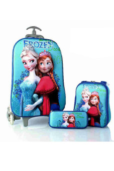 BGC Disney Frozen Elsa Anna Blue Snow 3 Koper Set Troley T Samurai + Lunch Box + Kotak Pensil 3D Hard Cover Tas Anak Sekolah