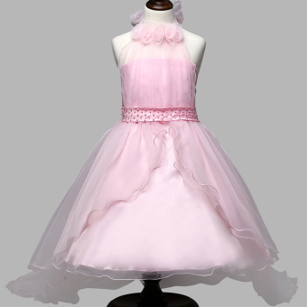 Summer Girls Dress Long Tail Evening Wear Children Elegant Clothes Flower Wedding Dresses - Pink