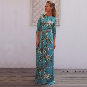 Cocoepps 2017 women Maxi plus size Elegant dresses Summer New Style O-neck Printed Flower Blue Party Dress - intl