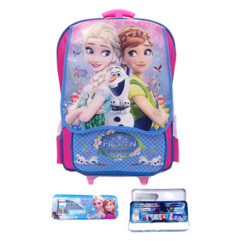 BGC Disney Frozen Fever Tas Troley T Anna Elsa Kantung Depan SD - Pink Biru + Kotak Pensil dan Alat Tulis Frozen