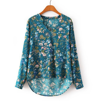 Cocotina Vintage Floral Print Women's Long Sleeve T-shirt Blouse V-neck Casual Tops (Blue)