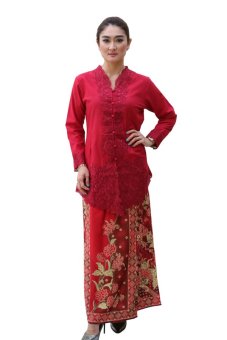 Oktovina-HouseOfBatik Set Kebaya Katun & Sarung Batik Semi Sutra - Chantique Batik KKSS-1 - Merah