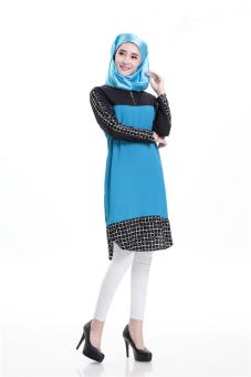 Islamic Arab Middle East Muslim plaid short dresses Saudi women dress - Lake blue - intl
