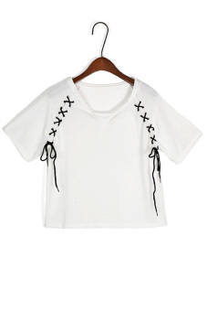 GE Personality Color Lace-up Suture Loose T-shirt Blouses (White)