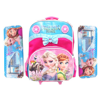BGC Disney Frozen Anna Elsa Troley T Pita Renda Tas Anak Sekolah TK Pink Blue 2 + Kotak Pensil dan Alat Tulis Frozen