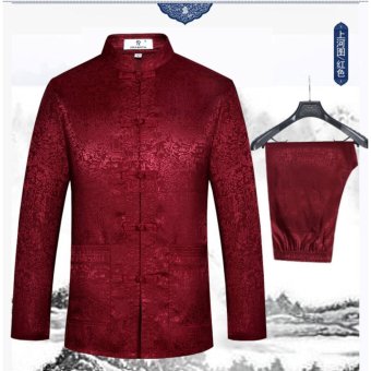 Men's Silk Traditional Chinese Tang Suit Coat clothing Kung Fu Tai Chi Uniform Red wine - intl