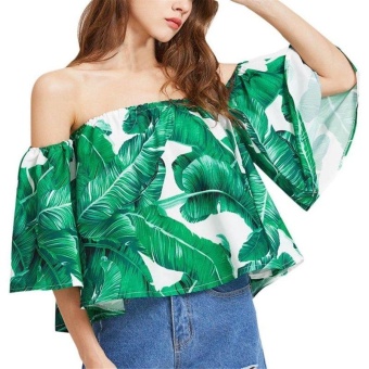 Jiayiqi Women Off Shoulder Casual Blouse Tops Summer Fashion Green Leaf T-shirts - intl