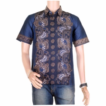 Baju Batik Casual Pria Lengan Pendek Batik Katun Vi5 - Biru