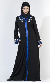 East Essence Royal Blue Trim Front Open Flower Abaya/ Jilbab-Black