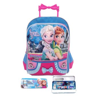 BGC Disney Frozen Tas Anak Troley Pink Biru 4 + Kotak Pensil + Alat Tulis Frozen