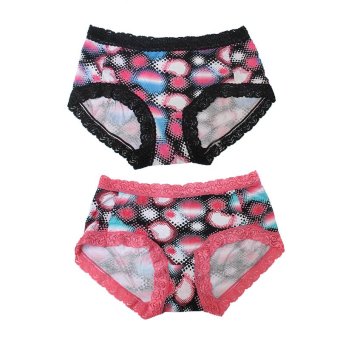 EELIC 6879 Celana Dalam Wanita, 2 Pcs Warna Hitam Dan Pink, Desain Renda Halus Dengan Motif Abstrak