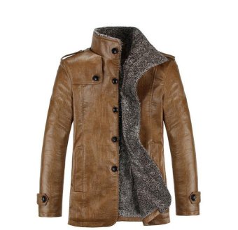 Men Winter Warm Synthetic Leather Coat Fur Fleece Jacket Trench Coat Hot Stylish Khaki - Intl - intl