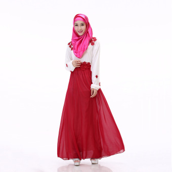 Aooluo New Design Summer Malaysia Muslimah Wear Chiffon O-neck Long Sleeve Muslimah Dress (Red) - intl