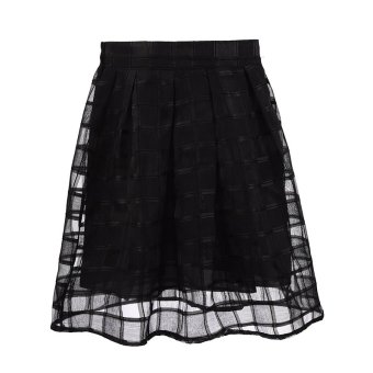 Jiayiqi New Womens Mesh Transparent Pleated Organza Midi Skirt (Black)