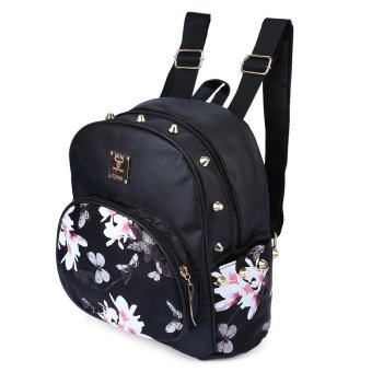 Rose Print Letter Rivet Embelllishment Spoon Zipper Head Dual Purposes Backpack Portable Bag - intl