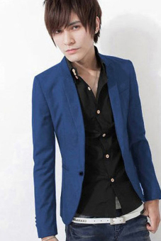 GE Stylish Men One Button Suit Slim Fit Business Suit Blazer Coat (Blue)