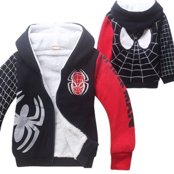 Korean Style Fashion 5-12 Years Old Boy or Girls Winter Travel Plus Velvet Double Warm Coats Spider-Man Cartoon Animation Cotton Coat-Black Spider - intl