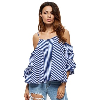 Jiayiqi Fashion Casual Blouse Off Shoulder Stripe Shirt Tops For Women Blue - intl