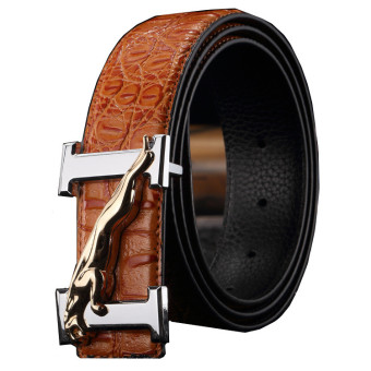 Men's Luxury Geniune Leather Belt H Letter Buckle Crocodile Grain MBT1614A-3 Brown