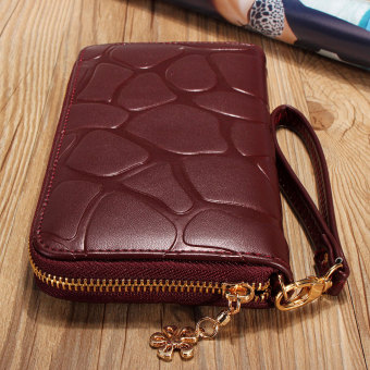 Dompet kulit PU untuk wanita genggam panjang wadah pemegang kartu dompet tas untuk wanita tas telepon merah anggur - Internasional