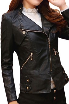 EOZY Fashion Wanita Jaket Kulit Sintetis Lengan Baju Panjang Sepeda Motor Jaket Kulit Pendek Pakaian Mantel (Hitam)