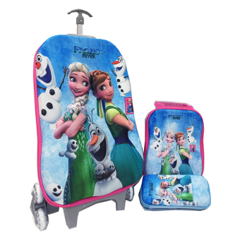 BGC Disney Frozen Fever Elsa Anna Koper Set Troley T Samurai + Lunch Box + Kotak Pensil Frozen 3D Hard Cover Tas Anak Sekolah - Biru