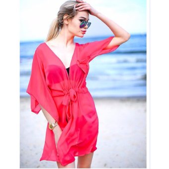 Cocoepps Summer Fashion Women Tops Chiffon Cardigans Beach Cover Blouses Short Sleeve Beach Wear Mini Wrap Dresses - intl