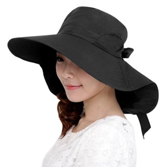Women's Plain Elegant Floppy Hat With Neck Flap Wide Brim Full Protection In The Sun Beach Cap Foldable Breathable Cotton Headwear for Summer, Black - intl