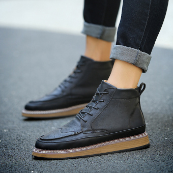 Men's High-top Leather Boots Casual Shoes (Black) - intl