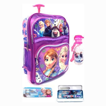 BGC Disney Frozen Anna Elsa Renda Tas Troley Anak Sekolah SD 3 Kantung Bahan Mica Anti Air + Kotak Pensil + Alat Tulis + Botol Minum 500ml - Ungu