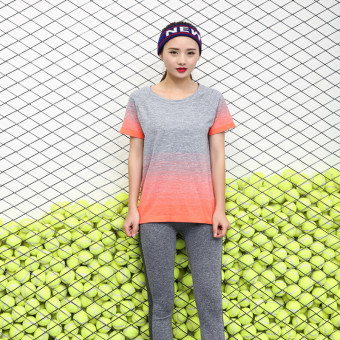 4ever Women Cotton Stripe Gradient Short Sleeve Yoga Quick-dry Sports Shirt (Orange)